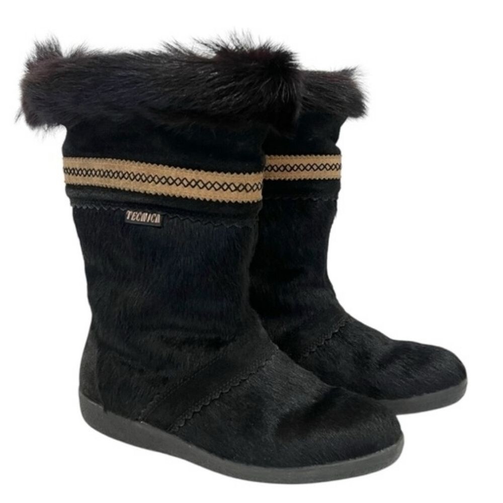 VTG Tecnica Black Goat Fur Aztec Style Trim Apres Ski Winter Snow Boots, 6